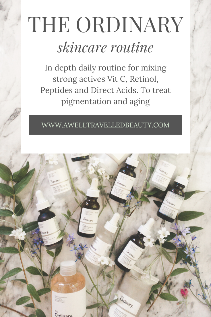 The Ordinary Routine for anti agin and pigmentation . A detailed daily am and pm routine showing how best to alternate The Ordinary Vit C, Retinol, direct acids and peptides. www.awelltravelledbeauty.com